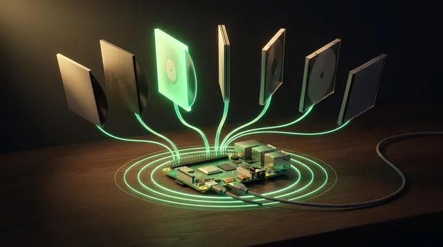 A Raspberry Pi glowing on a dark desk, surrounded by floating vinyl sleeves linked to it by neon-lime light