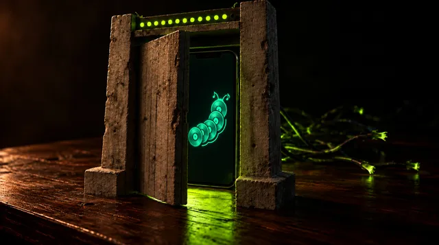 A brutalist concrete gate standing ajar on a dark desk, twelve lime-green lights along its top, and behind it a phone glowing with the Groovepede centipede logo