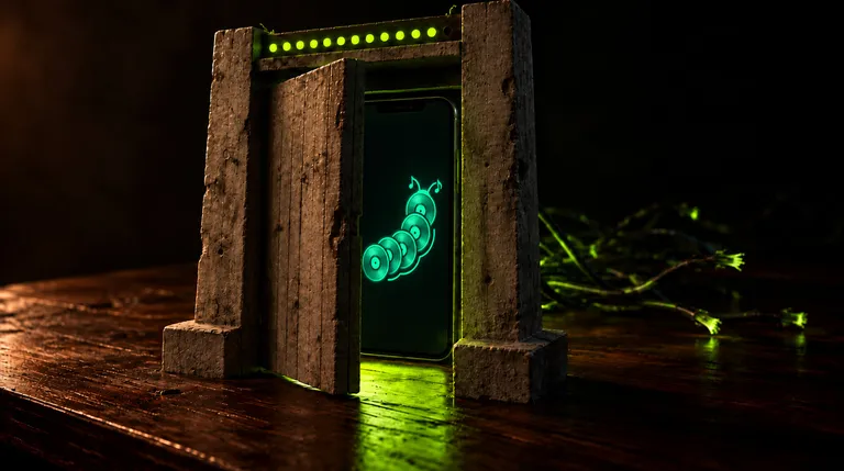 A brutalist concrete gate standing ajar on a dark desk, twelve lime-green lights along its top, and behind it a phone glowing with the Groovepede centipede logo